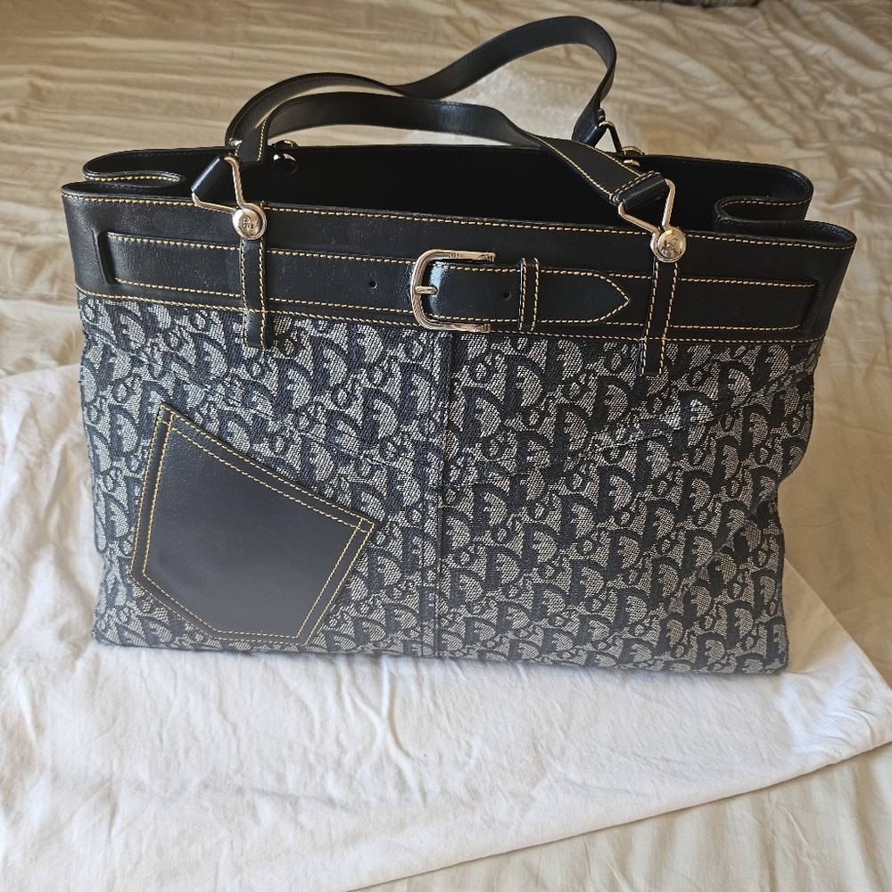 SOLD!!! DIOR CHRISTIAN DIOR Trotter Tote Bag Canvas Leather Navy